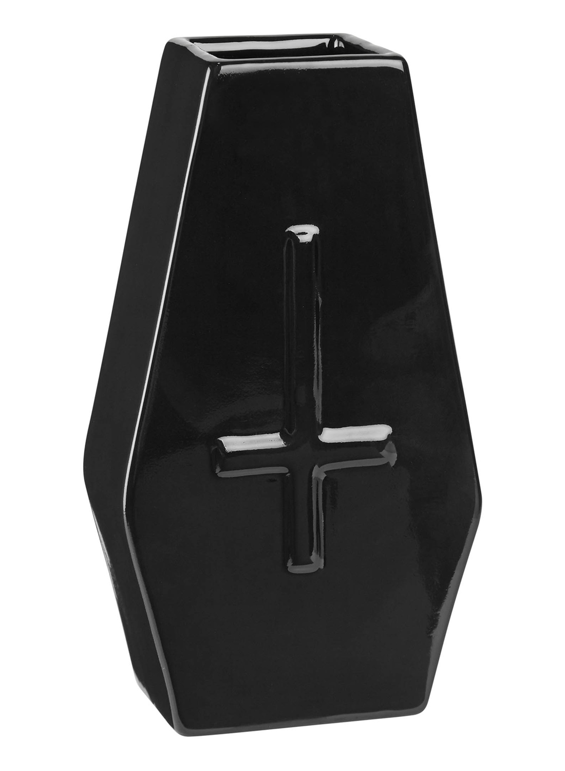 Kista, stor vas från Killstar. Keramisk vas med blank svart yta och korsdetaljer. Tillverkad i 100% keramik.